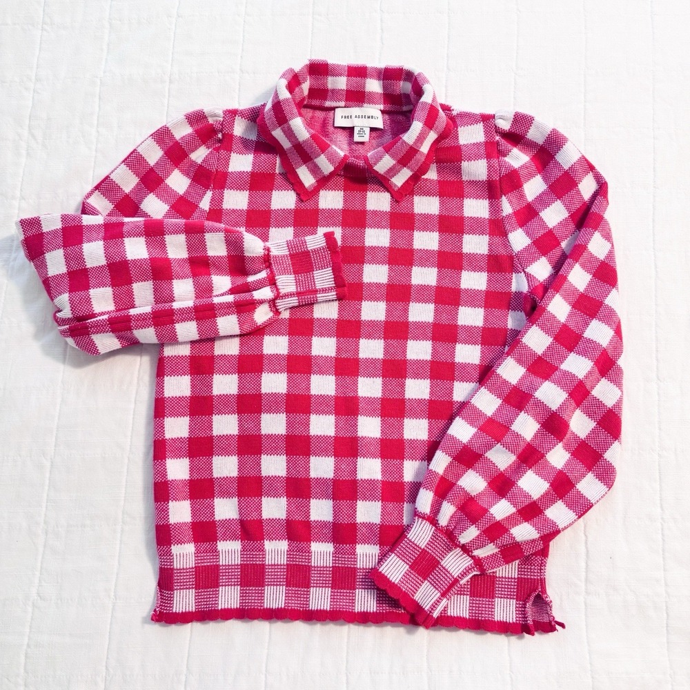 Free Assembly Gingham Sweater Top XS Red White Puff Sleeve Peter Pan Collar EUC